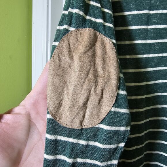 Umgee+ Women's Tunic Green Cream Stripe Elbow Patches Sharkbite Hem XL - Picture 7 of 8